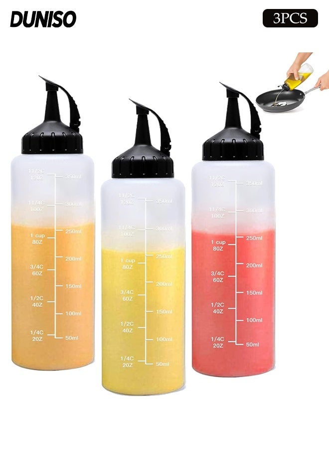 DUNISO 3 Pack 350ml Plastic Squeeze Condiment Bottles, Clear Multi-purpose Sauce Dispensers  for Syrup, Ketchup ,Dressing Oil and Honey,Leak proof and Portable