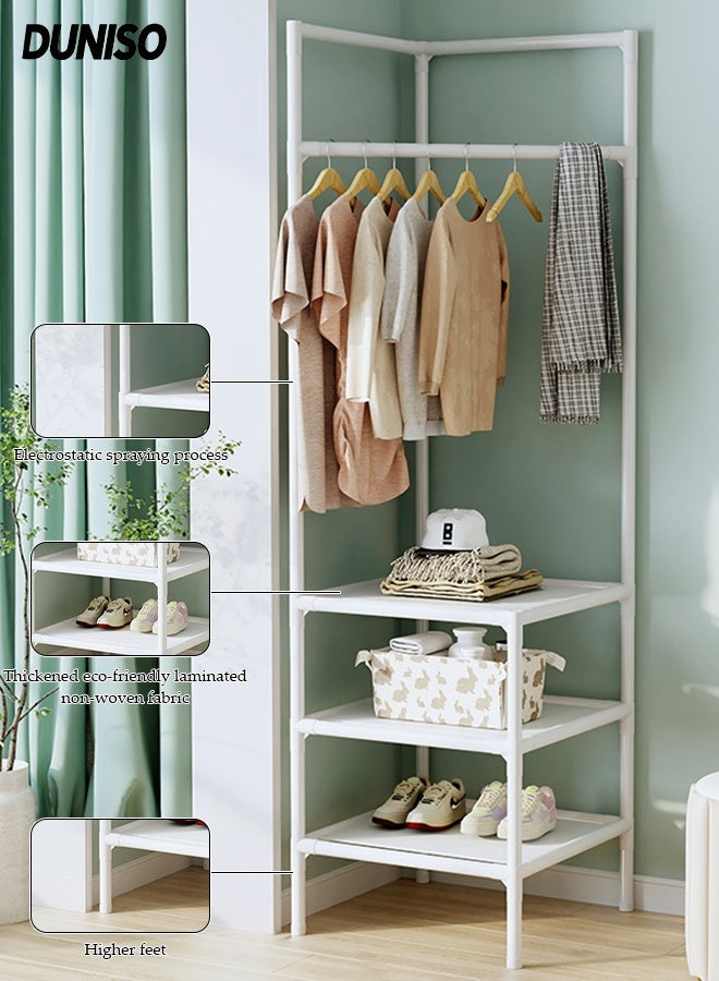 DUNISO Corner Coat Rack,Free Standing Coat Rack with 3 Layers Of Storage Shelves,Freestanding Closet Organizer,for Hallway Entryway Bedroom Living Room,White
