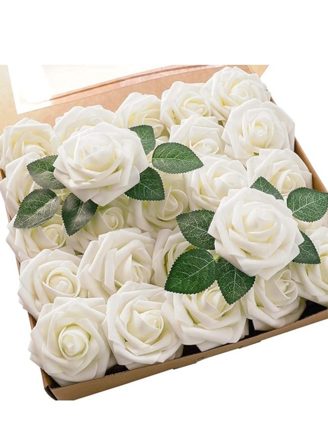 DUNISO Artificial Flowers Real Looking Ivory Foam Fake Roses with Stems for DIY Wedding Bouquets White Bridal Shower Centerpieces Arrangements Party Tables Decoration, 25pcs