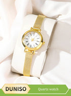DUNISO Quartz watch, women's retro disc watch, business alloy watch, with mesh strap, suitable for daily use,gold