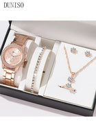 DUNISO Women Watch Sets, 5 Pcs Luxury Fashion Women Watch Set Alloy Strap Ladies Quartz Wristwatch Rhinestone Alloy Bracelet (Rose Gold)