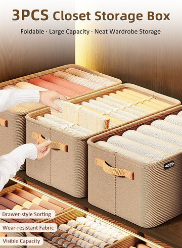 DUNISO 3pcs Wardrobe Clothes Organizer Foldable Closet Storage Organizer for Clothes Jeans Washable Closet Storage Boxes with Carrying Handles Cube Storage Bin for Home Bedroom Office