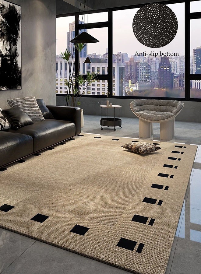 DUNISO 160x230cm Beige and Black Geometric Block Border Living Room Area Rug, High-end Luxury Style Ultra Short Pile Carpet, Non Slip Stain Resistant Soft Thin Floor Rug for Living Room Bedroom Dining Office