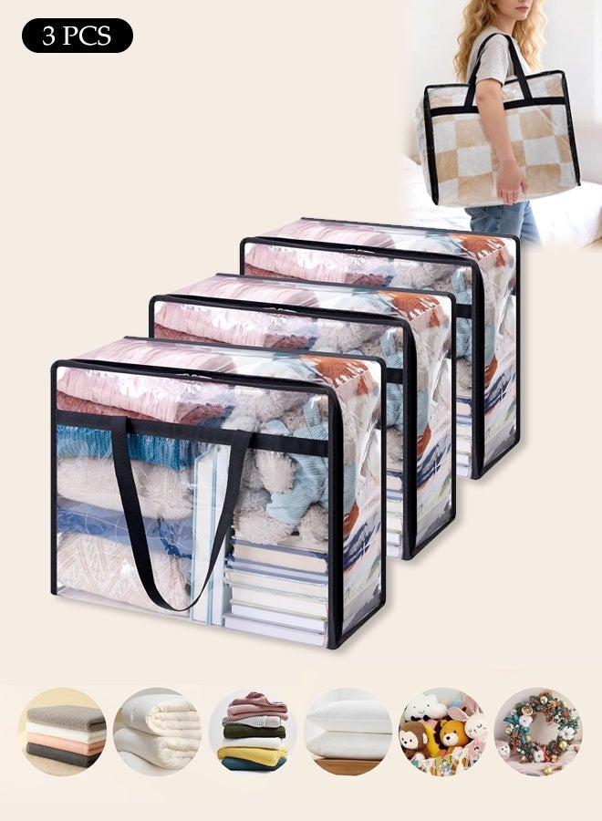 DUNISO 3 Pack Clear Plastic Storage Bags, 40L Clothes Storage Bag with Zipper，Foldable Moving Bags with Reinforced Handle，Waterproof and Dustproof, Sturdy and Durable，for Loft Wardrobe for Bedding Clothes Blanket Duvet，46*23*38cm