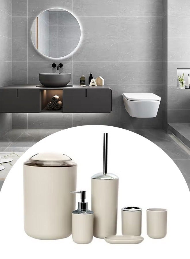 DUNISO 6 Pieces of Bathroom Accessories Set，Plastic Gift Set，Smooth Circular Electroplated Bathroom Set，With Trash Can, Soap Dish, Toilet Brush, Mouthwash Cup, Lotion Bottle, Toothbrush Holder，Off White