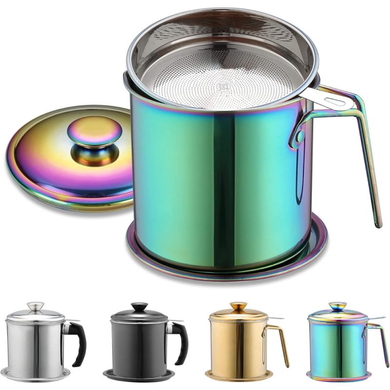 Berglander Rainbow Bacon Grease Container with Strainer 47oz/1.4L, Titanium Colorful Plating Stainless Steel Oil Storage Container with Fine Mesh Strainer Dust-Proof for Storing Frying Oil