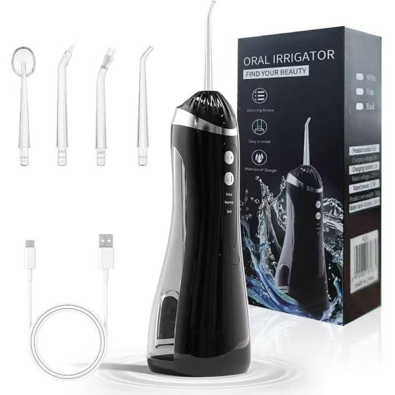 Professional Water Flosser – Cordless Oral Irrigator with 3 Modes, 4 Replaceable Tips, Deep Cleaning, Rechargeable, Waterproof, BPA-Free, Portable for Gum Care, Home & Travel, Black