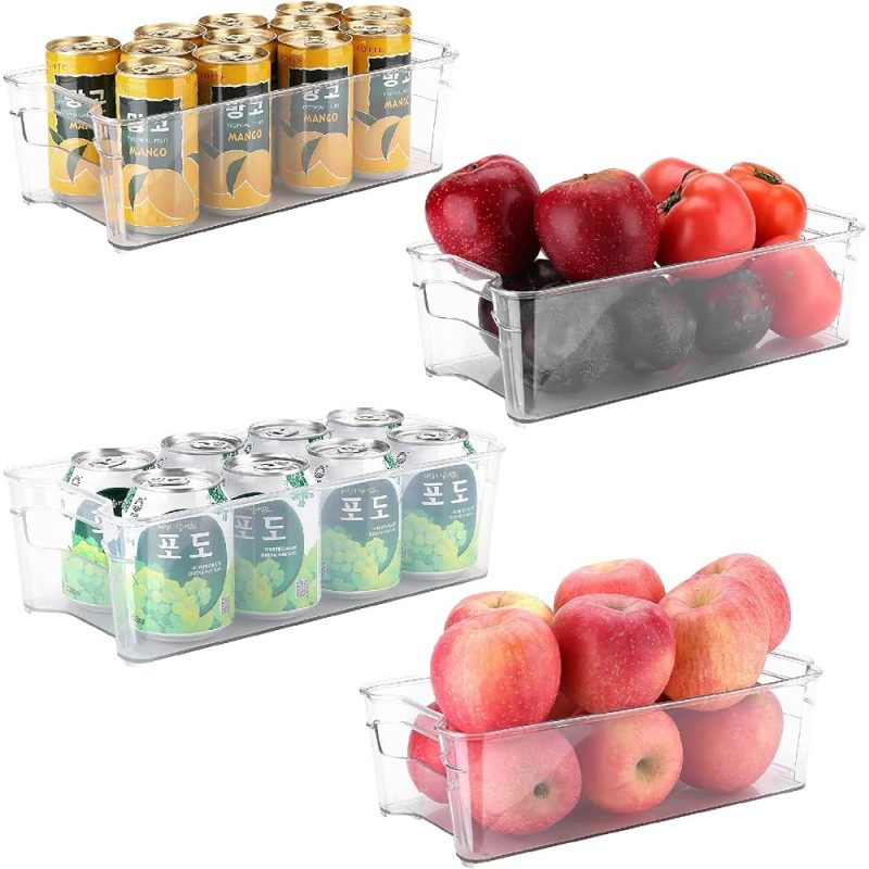 Puricon Refrigerator Storage Bins (4 Pack), Clear Stackable Plastic Freezer Organizer Food Storage Containers with Handles for Fridge Freezer Kitchen Cabinets -Clear