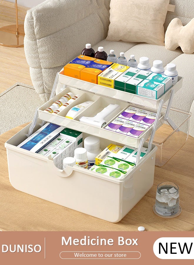 DUNISO Medicine Box Plastic Medicine Storage Box Family Emergency Kit Medical Kit 3 Layers Home First Aid Box Child Proof Medicine Box Organizer Pill Case with Compartments and Handle