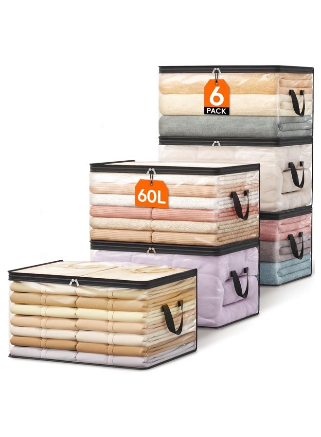DUNISO 6 Pack Clear Clothes Storage Bags, 60L Plastic Blanket Storage Bags, Foldable Moving Bags with Zipper Handle, Waterproof and Dustproof，Sturdy and Durable，for Bedding, Duvet, Comforter，Pillow，Toys，55*35*31.5cm