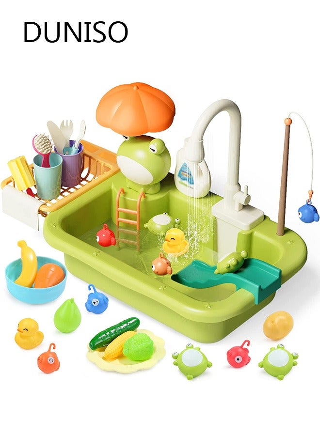DUNISO Pretend Play Kitchen Sink Toys Kids Sink Toys with Running Water and  Upgraded Electric Faucet, Play Kitchen Toy Accessories, Pool Floating Fishing Toys for Water Play, Kids Role Play Dishwasher Toy