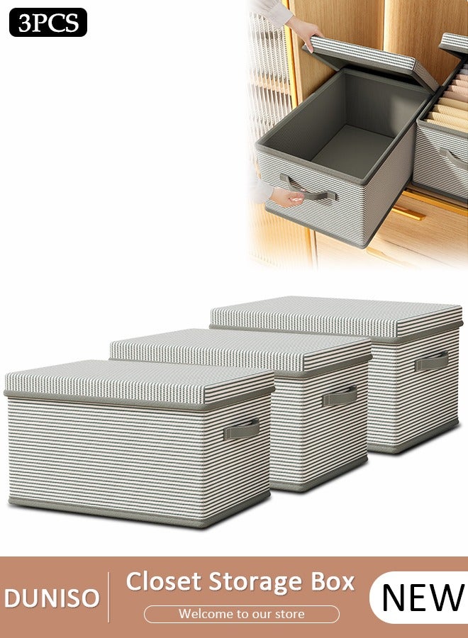 DUNISO 3 Pack Closet Storage Box with Lid and Handle, Stackable Wardrobe Clothes Organizer, Foldable Closet Storage Basket, Cube Storage Bins for Clothing, T-Shirt, Jeans, Sweaters, Toys & Books (18L)