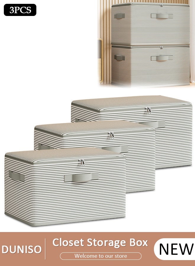 DUNISO 3 Pack Closet Storage Box with Zipper Lid, Dust Proof Attic Fabric Storage Box, Foldable Closet Storage Bins with Durable Handles, Wardrobe Clothes Organizer with Lid, Storage Basket for Seasonal Garment Organizer for Home, Closet, Office