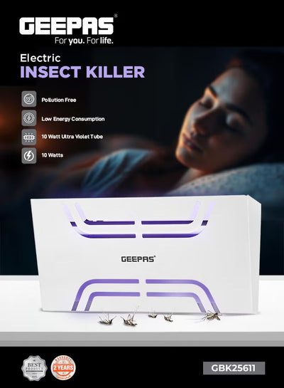 Geepas Electric Insect Killer- GBK25611/ Automatic Pest Killing Machine, 10 W/ No Poisonous Vapor, No-Smell and No-Pollution/ Advanced Technology with Low Power Consumption/ Suitable for Home, Office, Restaurants, Hospitals, etc. GBK25611 White