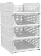 DUNISO 4 Pcs Stackable Plastic Storage Basket,Large Foldable Closet Organizer, Stackable Drawer，Durable and Sturdy, Saving Space，for Wardrobe Cabinet Kitchen Bathroom Office，42.5*33.5*18.5cm，White