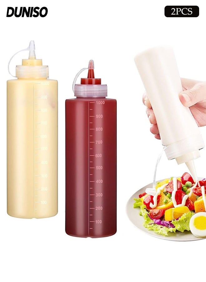 DUNISO 2 Pack 1000ml Plastic Squeeze Condiment Bottles, Clear Multi-purpose Sauce Dispensers  for Syrup, Ketchup ,Dressing Oil and Honey,Leak proof and Portable