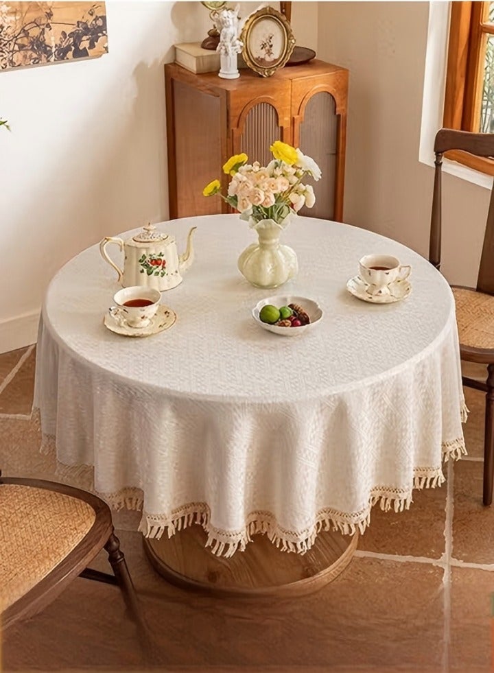 DUNISO Cotton linen tablecloth, tassel jacquard round table tablecloth, waterproof and dustproof, suitable for kitchen, dining room, home，terrace， diameter 150cm, beige
