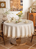 DUNISO Cotton linen tablecloth, tassel jacquard round table tablecloth, waterproof and dustproof, suitable for kitchen, dining room, home，terrace， diameter 150cm, beige - Image 2