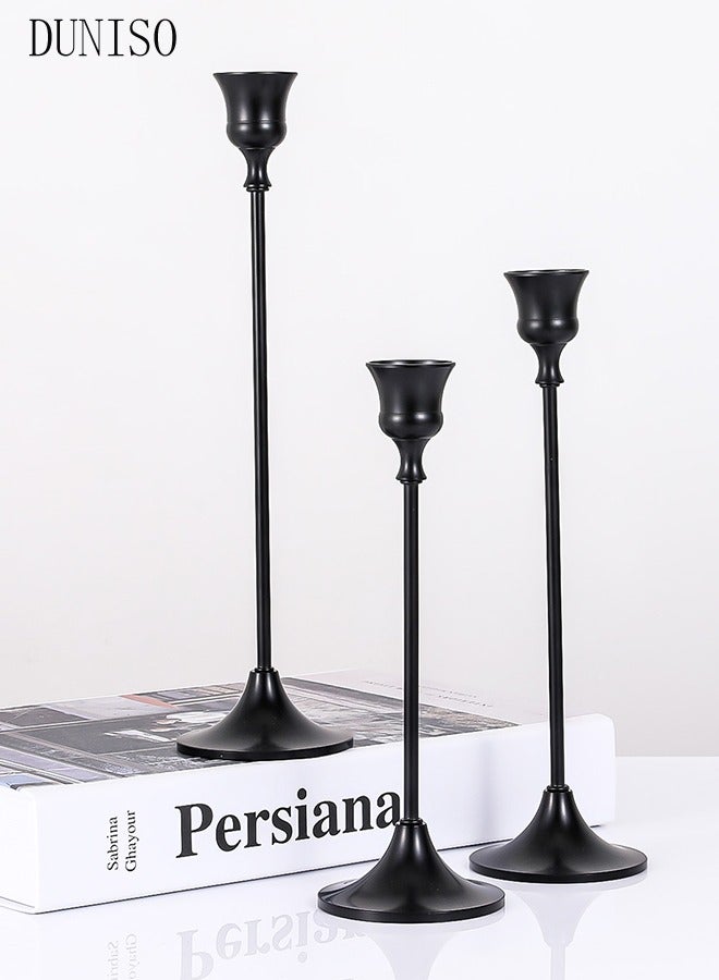 DUNISO Black Candle Holders Set of 3 for Taper Candles Decorative Candlestick With Anti-Slip Base Holders for Wedding, Dinning, Party Fits (Black)