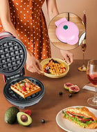 DUNISO Mini Waffle Iron for Classic Waffle Maker, Small Waffle Maker with Non-Stick Coating Retro Design for Birthdays, Family Parties, Pink - Image 3