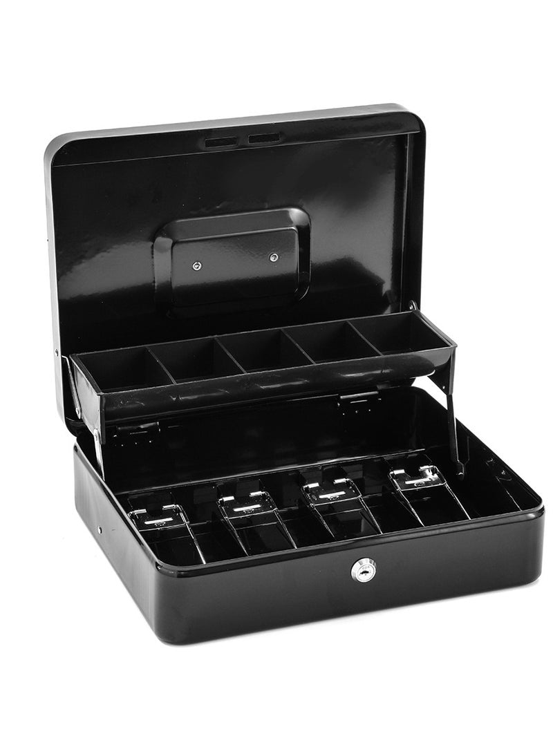 DUNISO Cash Box With Money Tray And Lock, Black Metal Steel Cash Box For Small Business, Can Store Checks, Coins, Portable Cash Storage Box With Lockable Lid