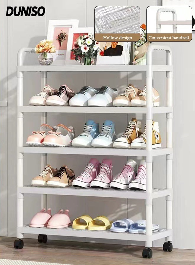 DUNISO 5 Tier Shoe Rack，Storage Shelf with Wheels，Rolling Free Standing Shoe Storage with Handles，for Bedroom, Closet, Living Room, Entryway