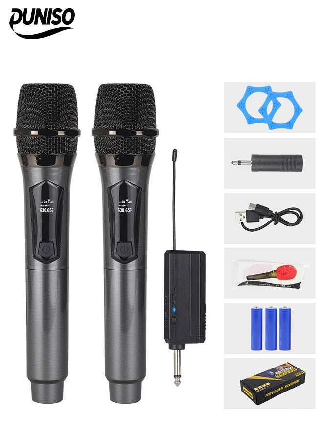 DUNISO 2Pcs Wireless Microphone，Hand Microphone，Rechargeable Microphone，Professional Cordless Microphone，Used for Karaoke Nights and Family Gatherings DJ,Meeting，Grey