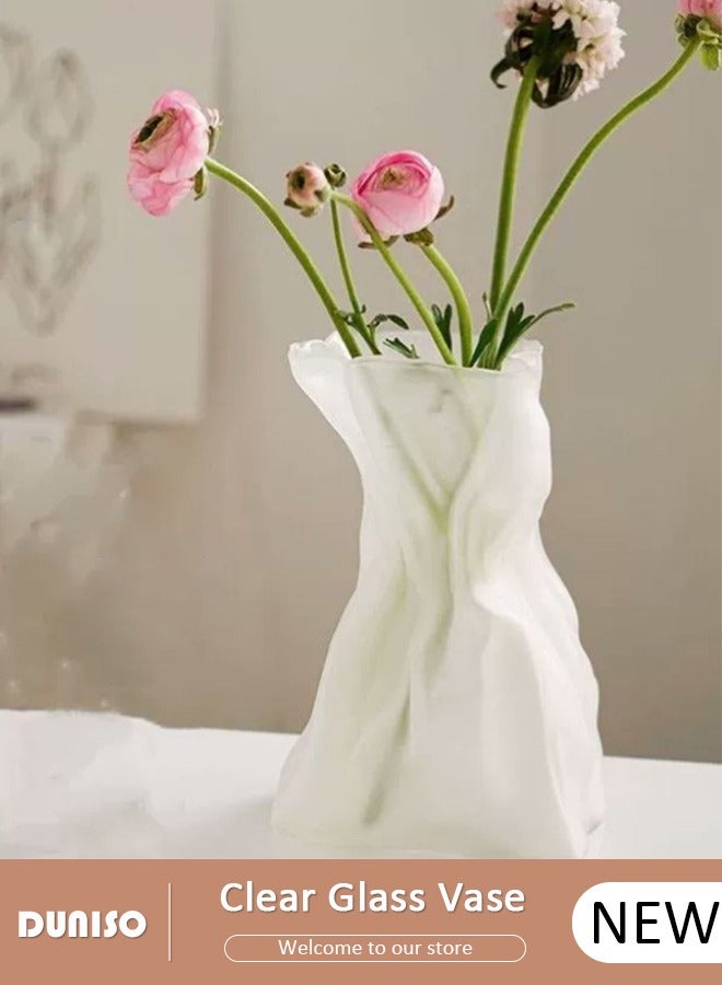 DUNISO Frosted Glass Vase, Irregular Shaped Flower Vases for Centerpiece Table Indoor Desk Decor, Unique Balcony Flowers Container Decor, Geometric Vase for Office Decoration, Shelf, Table, Bookshelf