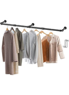 DUNISO Clothes Rack Wall Mounted, Industrial Pipe Garment Rack， Heavy Duty Iron Garment Bar with 3 S-Shaped Hooks,Detachable Adjustable,for Home Shops and Closets，180cm