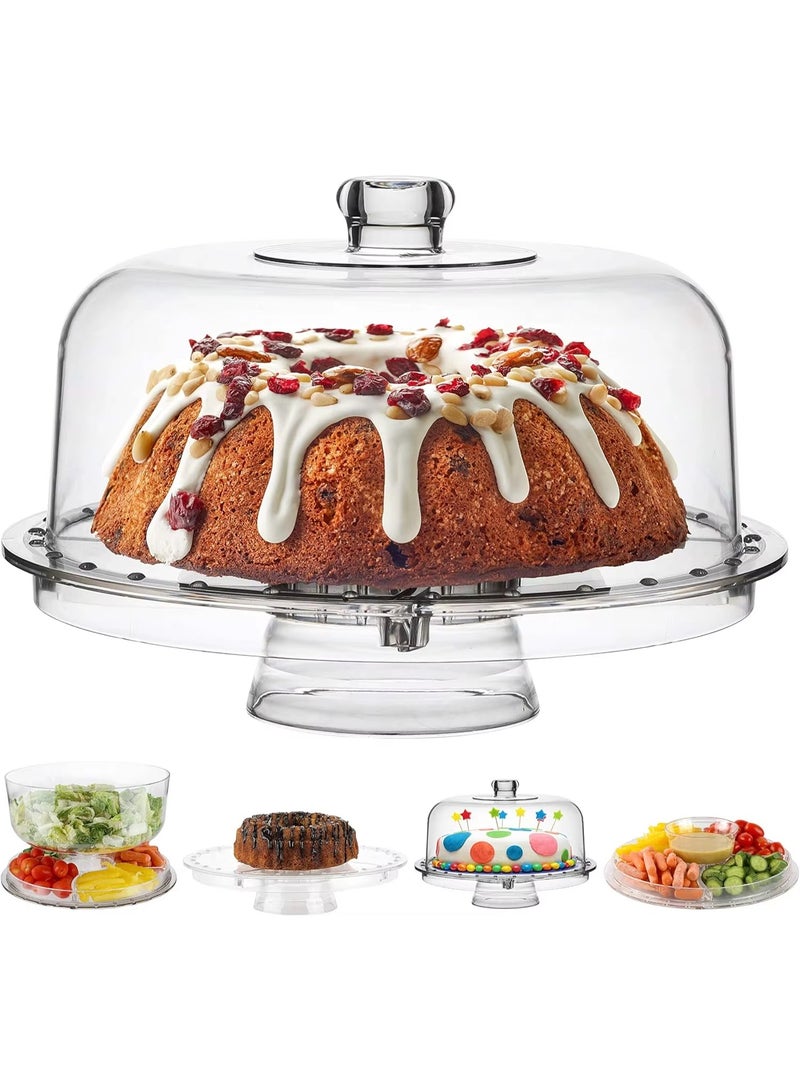 DUNISO Multi-Function Acrylic Cake Stand with Lid，Multifunctional Serving Platter and Plate，Cake display stand with lid & Cake Dome，Use as Salad Bowl/Veggie Platter/Punch bowl/Desert Platter/Nachos & Salsa Plate，Clear