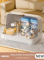 DUNISO Baby Bottle Drying Rack, Vertical Baby Bottle Storage with Anti-dust Cover and Detachable Bracket, Tableware Drying Rack with Pull-Out Drain Board, Portable Kitchen Cabinet Organizer with Haft, Cup Storage Box for Home Kitchen