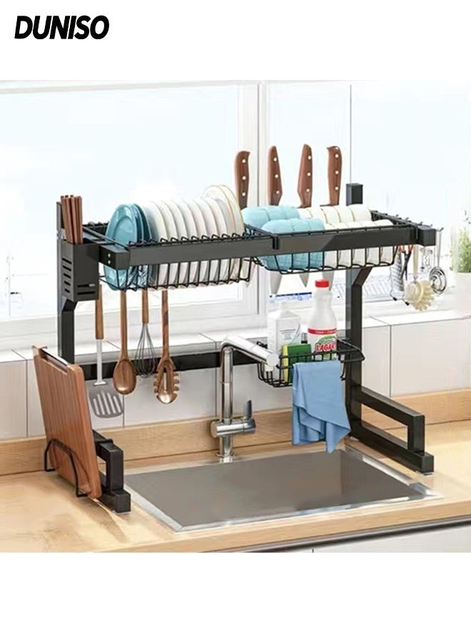 DUNISO 2-Tier Over The Sink Dish Drying Rack ,Adjustable Organizer Storage for Kitchen ,Tableware Drainer with Hook and Cutlery Basket (Black) 65*32*52.5cm