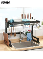 DUNISO 2-Tier Over The Sink Dish Drying Rack ,Adjustable Organizer Storage for Kitchen ,Tableware Drainer with Hook and Cutlery Basket (Black) 65*32*52.5cm