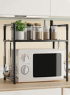 DUNISO 2-Tier Kitchen Storage Rack with Side Hooks , Multifunctional Microwave oven rack,Countertop Rack Organizer with Non-Slip Feet, for Spices, Pots and Pans(Black)