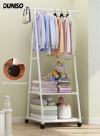 DUNISO Freestanding Coat Rack with Hooks and Storage Shelf ,Multipurpose Clothes Hanger Organizer with Roller,Suitable for Bedrooms, Balconies and Living room (White)