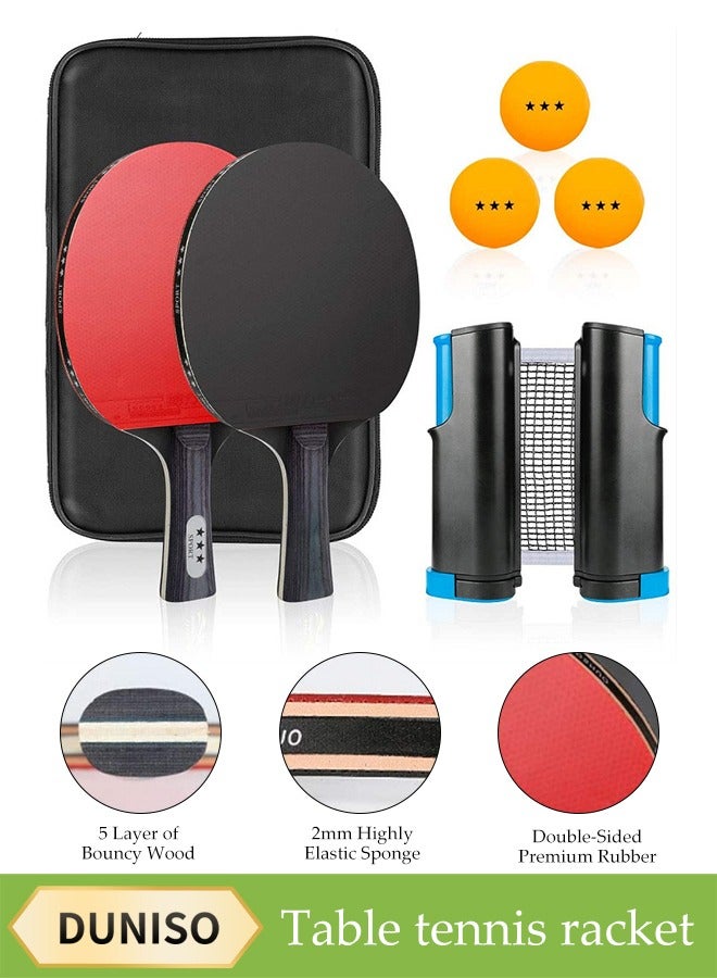 DUNISO 2 Long-Handled Table Tennis Rackets With Three Three-Star Ping Pong Balls, High-Performance Set With Net, Table Tennis Racket Set, Ideal For Skill Development, With Retractable Net, Suitable For Indoor Table Tennis And Outdoor Sports