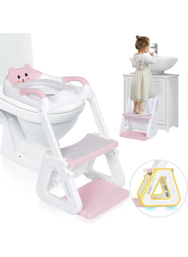 DUNISO Potty Training Seat with Ladder,Adjustable Potty Training Toilet Seat with Steps， Toddler Toilet Seat and Step with Triangle Structure，Extended Pedal & Splash Guard and Waterproof PVC Cushion，Anti-Slip，Lightweight， for Boys Girls