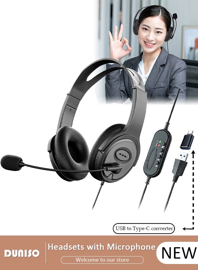 DUNISO USB Headset with Mic, Computer Laptop Headphones with Noise Cancelling Microphone in-line Control for Home Office Online Class, Equipped with a type-c adapter, Adjustable In-line Control Microphone, Comfortable Wearing Design