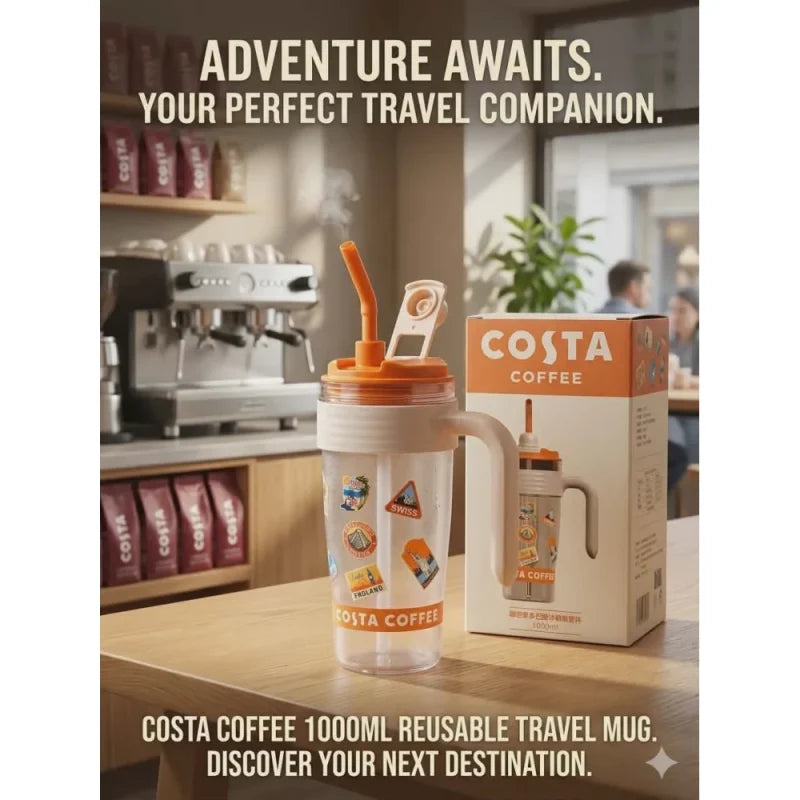 COSTA COFFEE Portable Drinking Cup – 1L Plastic Tumbler with Straw & Handle