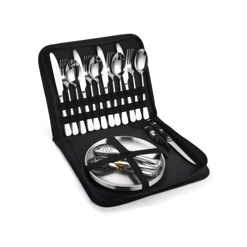 Silverware Flatware Cutlery Set, 20-piece Outdoor Camping Stainless Steel Cutlery, Forks, Spoons, Plates, Food Clips, Portable Cutlery Bag Set (Color : Silver)