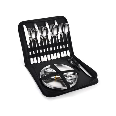 Silverware Flatware Cutlery Set, 20-piece Outdoor Camping Stainless Steel Cutlery, Forks, Spoons, Plates, Food Clips, Portable Cutlery Bag Set (Color : Silver)