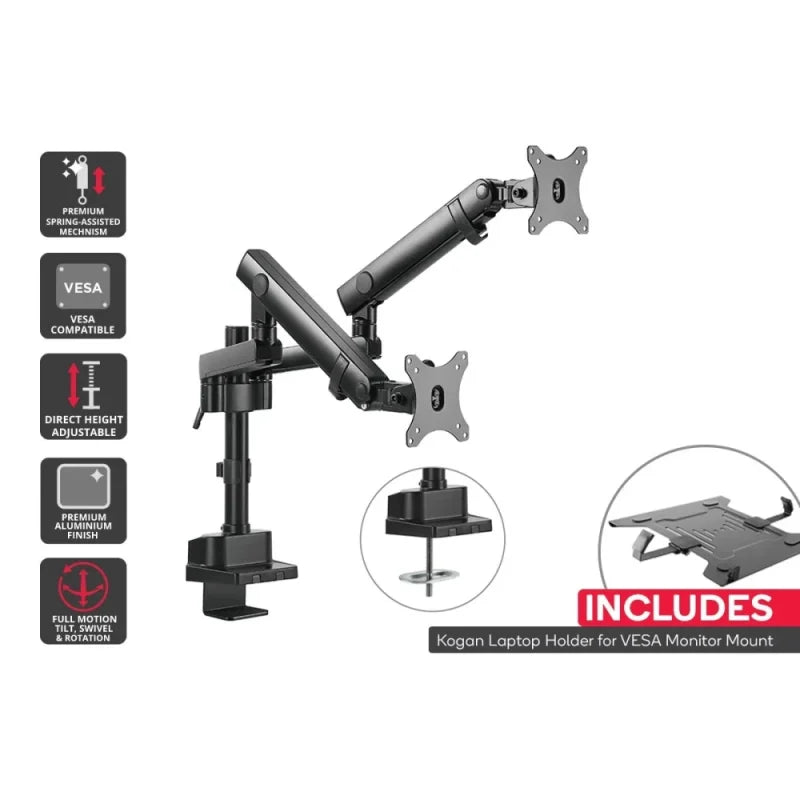 Kogan Full Motion Spring-Assisted Height Adjustable Dual Monitor Mount Pro Laptop Holder Combo 17″ – 32″