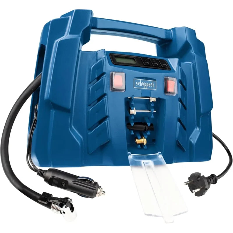 Scheppach Airforce 5 Compressor with Digital Display, 12 V / 230 V Connection for Car/Car, Portable Suitcase Compressor, 8 Bar Working Pressure, 150 W, Suction Power 36.5 l/min, Includes Accessories
