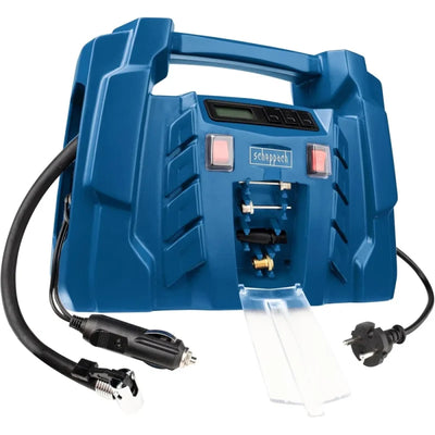 Scheppach Airforce 5 Compressor with Digital Display, 12 V / 230 V Connection for Car/Car, Portable Suitcase Compressor, 8 Bar Working Pressure, 150 W, Suction Power 36.5 l/min, Includes Accessories