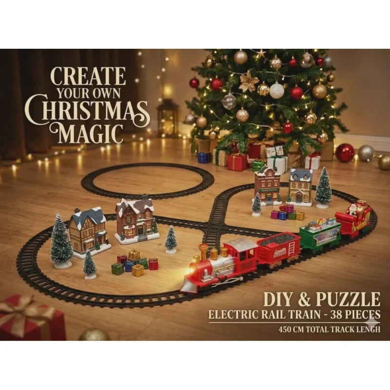 DIY & Puzzle Electric Rail Train is a festive, 38-piece holiday-themed toy set