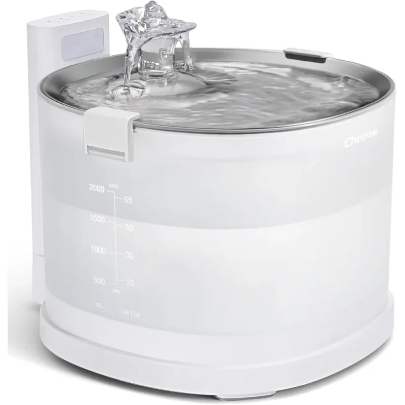 Cheerble Pumpless Cat Water Elfin Fountain, Wireless Pet Fountain Battery Operated, 2L/67oz E1+ Automatic Water Dispenser Cats & Dogs MagDrive™ Technology Stainless Steel Tray, No Cleaning Hassle