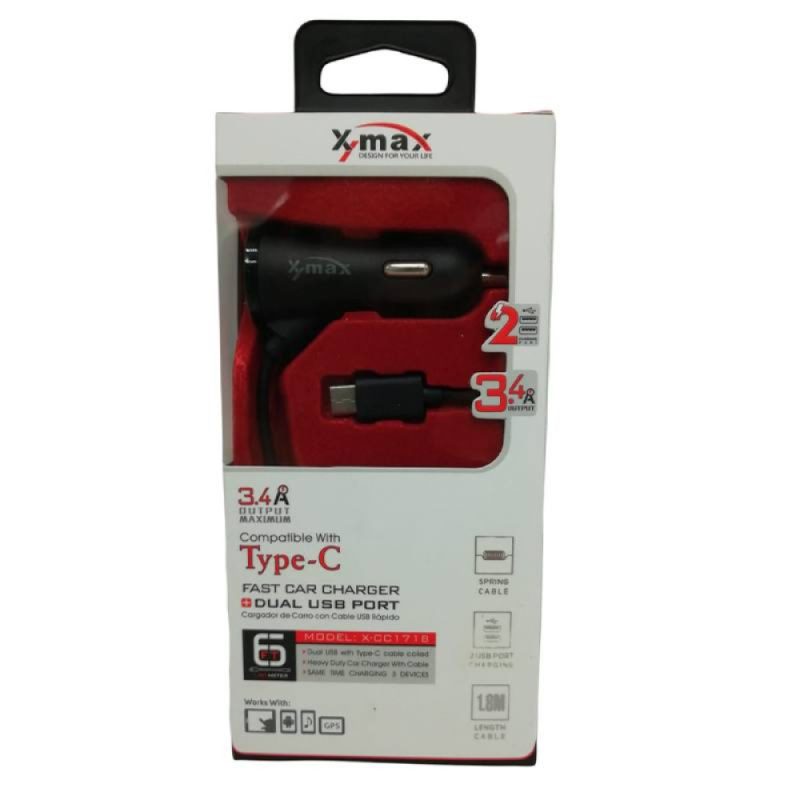 X-Max Fast Car Charger with Dual USB Port & Type-C Cable – 3.4A Output (Model X-CC1718)