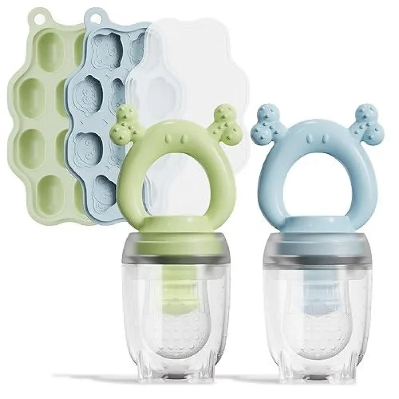 HEOMOONE 2 Pack Baby Fruit Feeder Mini Freezer Nibble Tray Combo, Breastmilk Popsicle Molds with Baby Food Feeder, BPA Free Silicone for Teething Relief and Safe Infant Feeding (Green Blue) – Tamaño 2-Piece Set – Color Green Blue