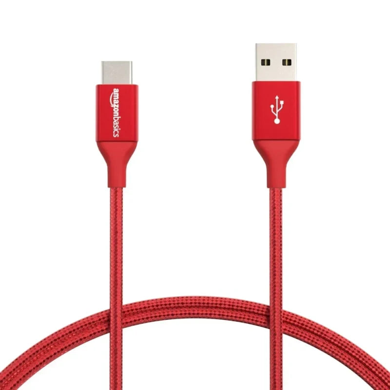 Amazon Basics Double Braided Nylon USB Type-C to Type-A 2.0 Male Cable, Laptop (Red, 30cm)