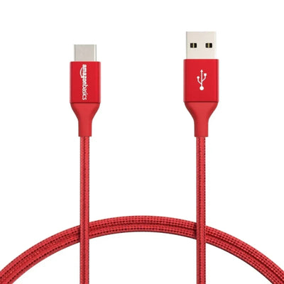 Amazon Basics Double Braided Nylon USB Type-C to Type-A 2.0 Male Cable, Laptop (Red, 30cm)